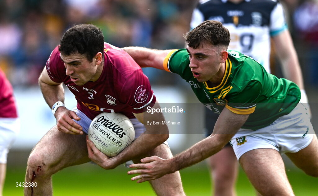 19 April 2026; Charlie Drumm of Westmeath is tackled by Seán Coffey of Meath during the Leinster GAA Football Senior Championship quarter-final match between Meath and Westmeath at Glenisk O'Connor Park in Tullamore, Offaly. Photo by Ben McShane/Sportsfile