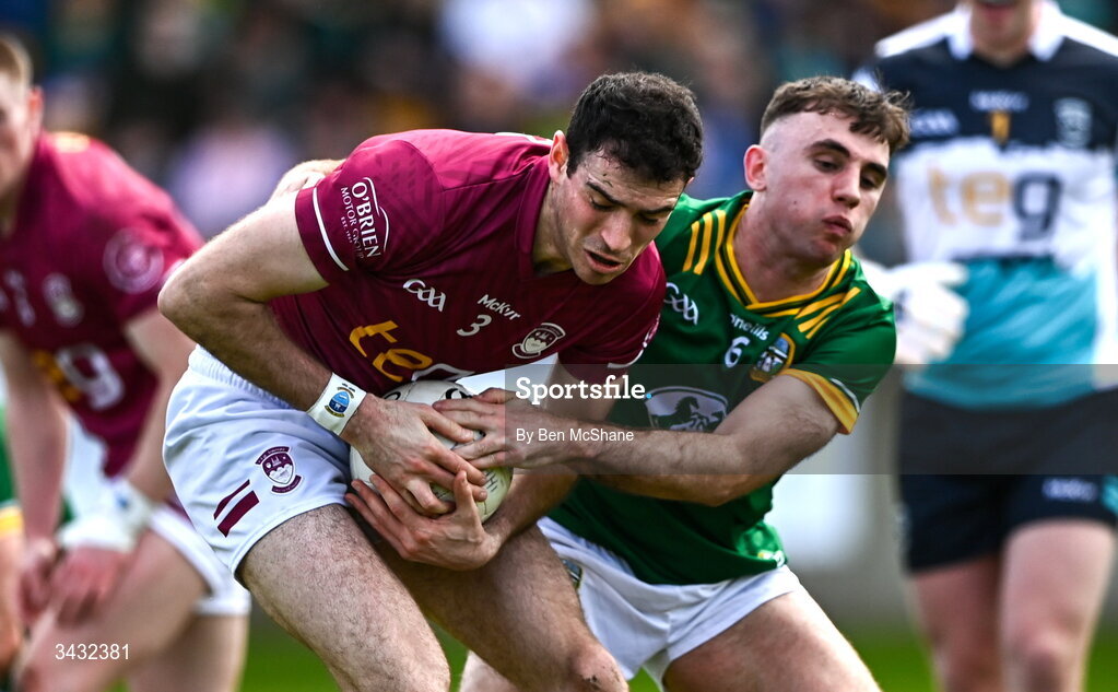 19 April 2026; Charlie Drumm of Westmeath is tackled by Seán Coffey of Meath during the Leinster GAA Football Senior Championship quarter-final match between Meath and Westmeath at Glenisk O'Connor Park in Tullamore, Offaly. Photo by Ben McShane/Sportsfile