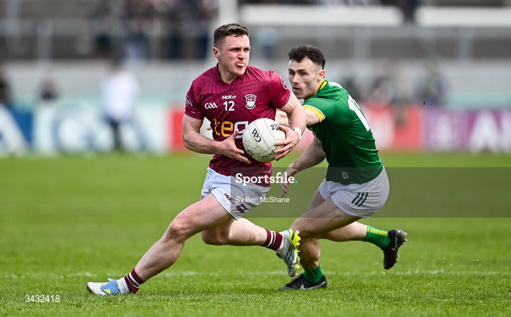 19 April 2026; Conor Dillon of Westmeath in action against Jordan Morris of Meath during the Leinster GAA Football Senior Championship quarter-final match between Meath and Westmeath at Glenisk O'Connor Park in Tullamore, Offaly. Photo by Ben McShane/Sportsfile