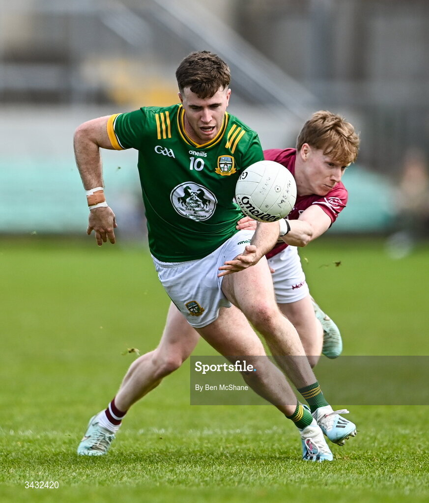 19 April 2026; Jack O'Connor of Meath is tackled by Brandon Kelly of Westmeath during the Leinster GAA Football Senior Championship quarter-final match between Meath and Westmeath at Glenisk O'Connor Park in Tullamore, Offaly. Photo by Ben McShane/Sportsfile