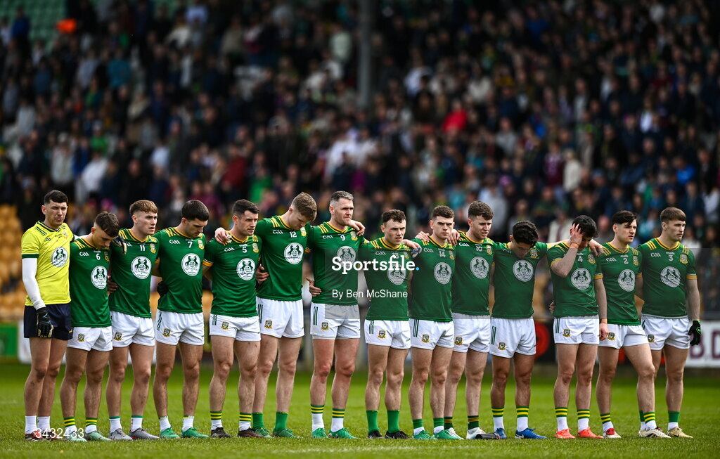 19 April 2026; Meath players observe a moment of silence before the Leinster GAA Football Senior Championship quarter-final match between Meath and Westmeath at Glenisk O'Connor Park in Tullamore, Offaly. Photo by Ben McShane/Sportsfile