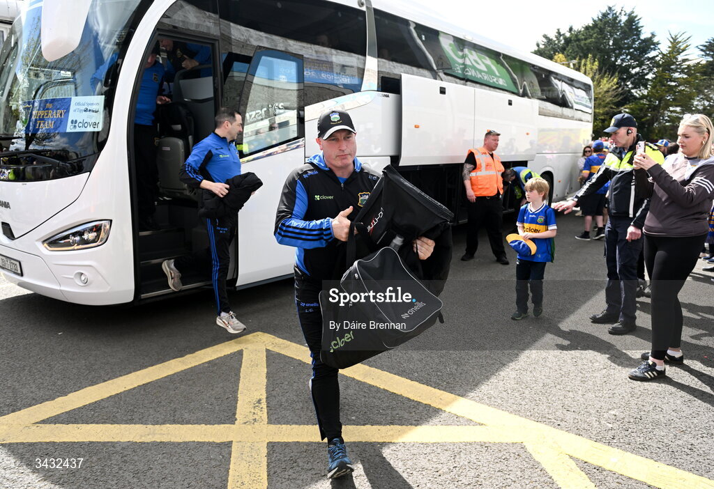 19 April 2026; Tipperary manager Liam Cahill arrives ahead of the Munster GAA Senior Hurling Championship Round 1 match between Tipperary and Cork at FBD Semple Stadium in Thurles, Tipperary. Photo by Daire Brennan/Sportsfile
