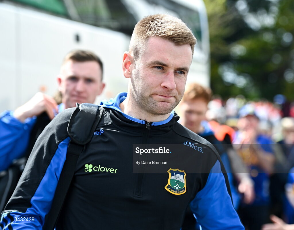 19 April 2026; John McGrath of Tipperary arrives ahead of the Munster GAA Senior Hurling Championship Round 1 match between Tipperary and Cork at FBD Semple Stadium in Thurles, Tipperary. Photo by Daire Brennan/Sportsfile