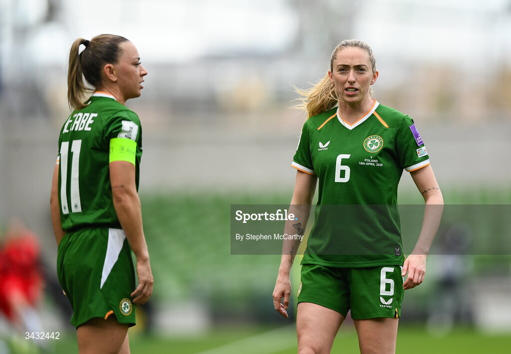 18 April 2026; Megan Connolly and Katie McCabe, left, of Republic of Ireland during the 2027 FIFA Women’s World Cup Qualifier match between Republic of Ireland and Poland at the Aviva Stadium in Dublin. Photo by Stephen McCarthy/Sportsfile