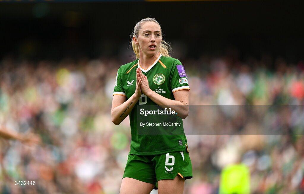 18 April 2026; Megan Connolly of Republic of Ireland during the 2027 FIFA Women’s World Cup Qualifier match between Republic of Ireland and Poland at the Aviva Stadium in Dublin. Photo by Stephen McCarthy/Sportsfile