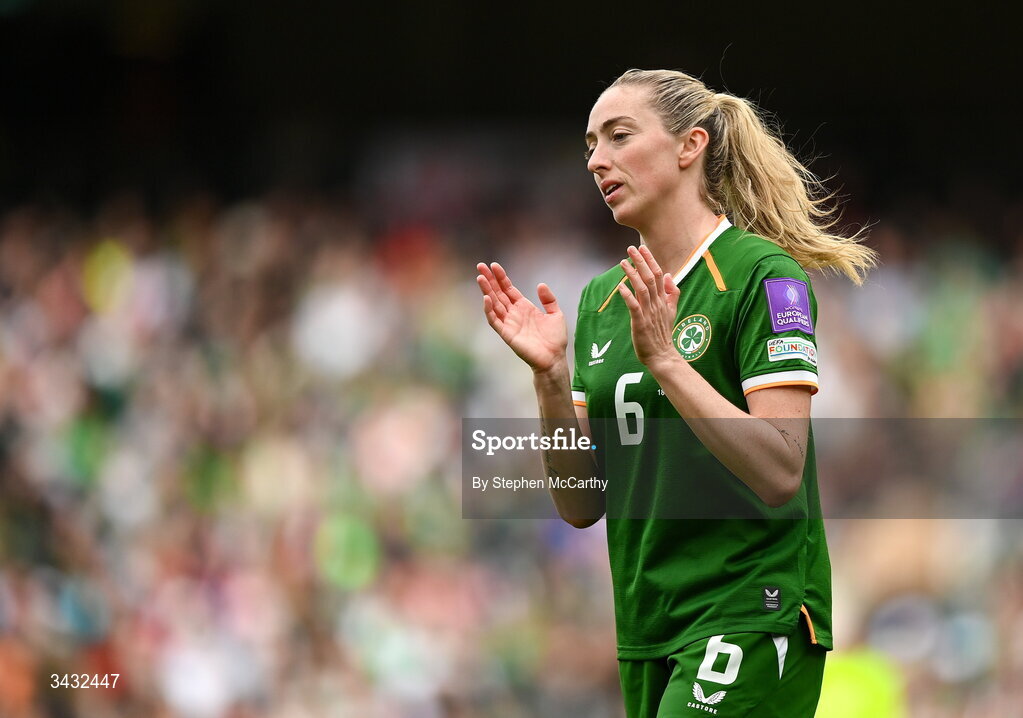 18 April 2026; Megan Connolly of Republic of Ireland during the 2027 FIFA Women’s World Cup Qualifier match between Republic of Ireland and Poland at the Aviva Stadium in Dublin. Photo by Stephen McCarthy/Sportsfile