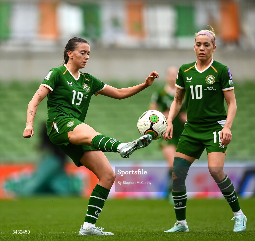 18 April 2026; Abbie Larkin, left, and Denise O’Sullivan of Republic of Ireland during the 2027 FIFA Women’s World Cup Qualifier match between Republic of Ireland and Poland at the Aviva Stadium in Dublin. Photo by Stephen McCarthy/Sportsfile