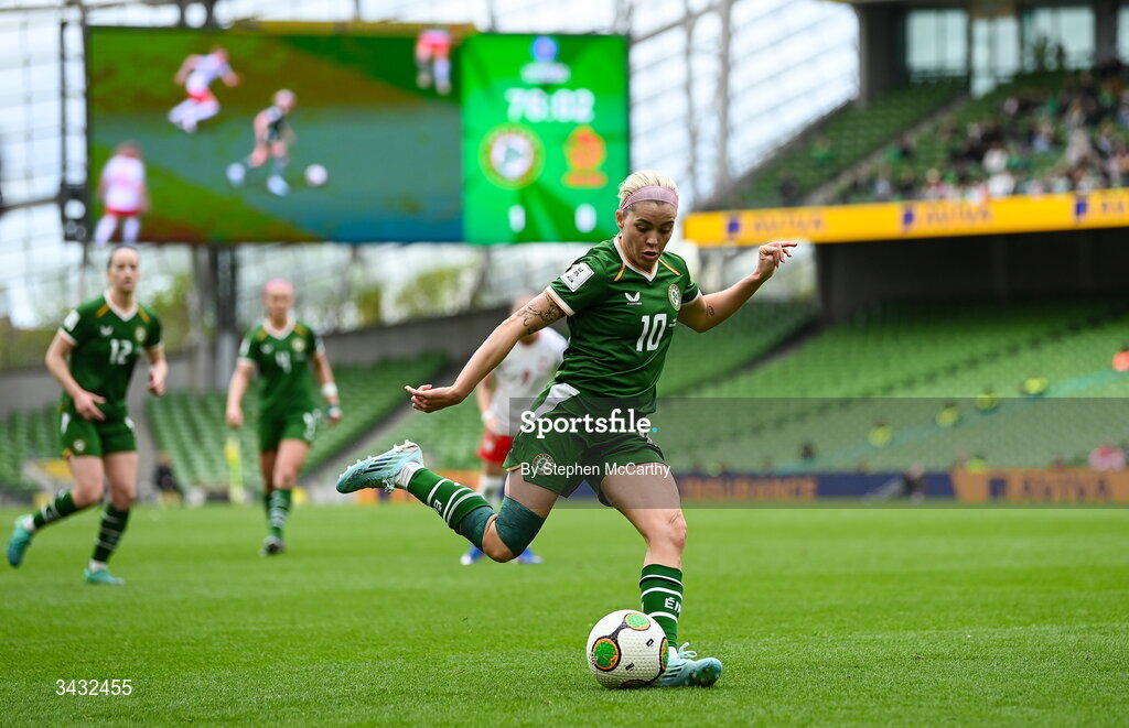 18 April 2026; Denise O’Sullivan of Republic of Ireland during the 2027 FIFA Women’s World Cup Qualifier match between Republic of Ireland and Poland at the Aviva Stadium in Dublin. Photo by Stephen McCarthy/Sportsfile