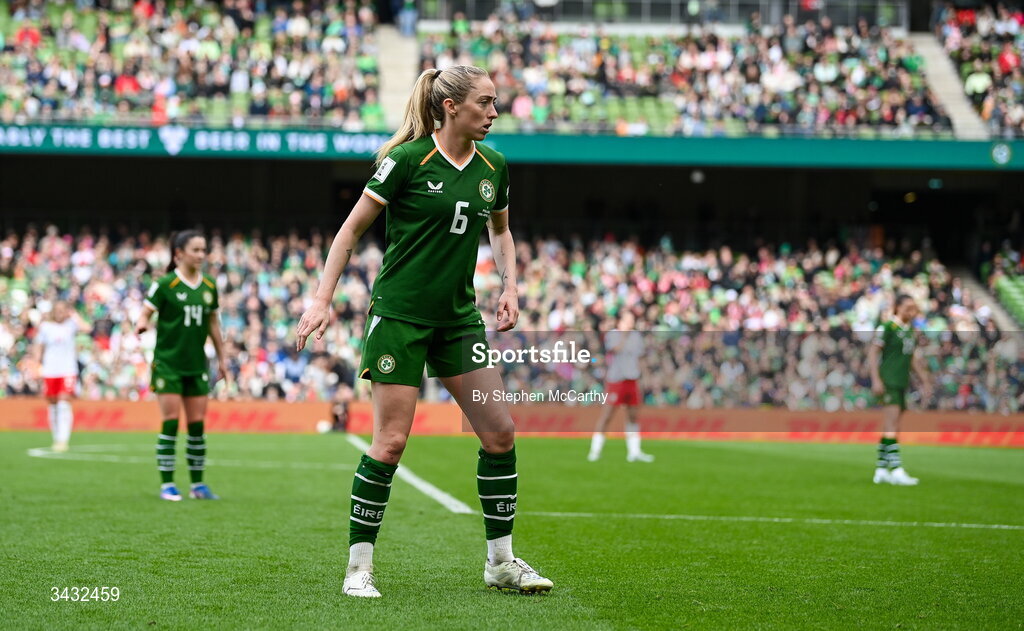 18 April 2026; Megan Connolly of Republic of Ireland during the 2027 FIFA Women’s World Cup Qualifier match between Republic of Ireland and Poland at the Aviva Stadium in Dublin. Photo by Stephen McCarthy/Sportsfile
