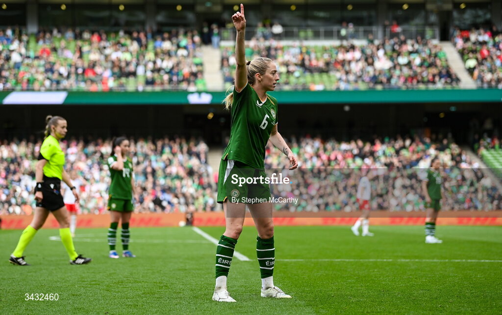 18 April 2026; Megan Connolly of Republic of Ireland during the 2027 FIFA Women’s World Cup Qualifier match between Republic of Ireland and Poland at the Aviva Stadium in Dublin. Photo by Stephen McCarthy/Sportsfile