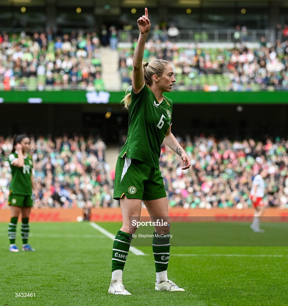 18 April 2026; Megan Connolly of Republic of Ireland during the 2027 FIFA Women’s World Cup Qualifier match between Republic of Ireland and Poland at the Aviva Stadium in Dublin. Photo by Stephen McCarthy/Sportsfile