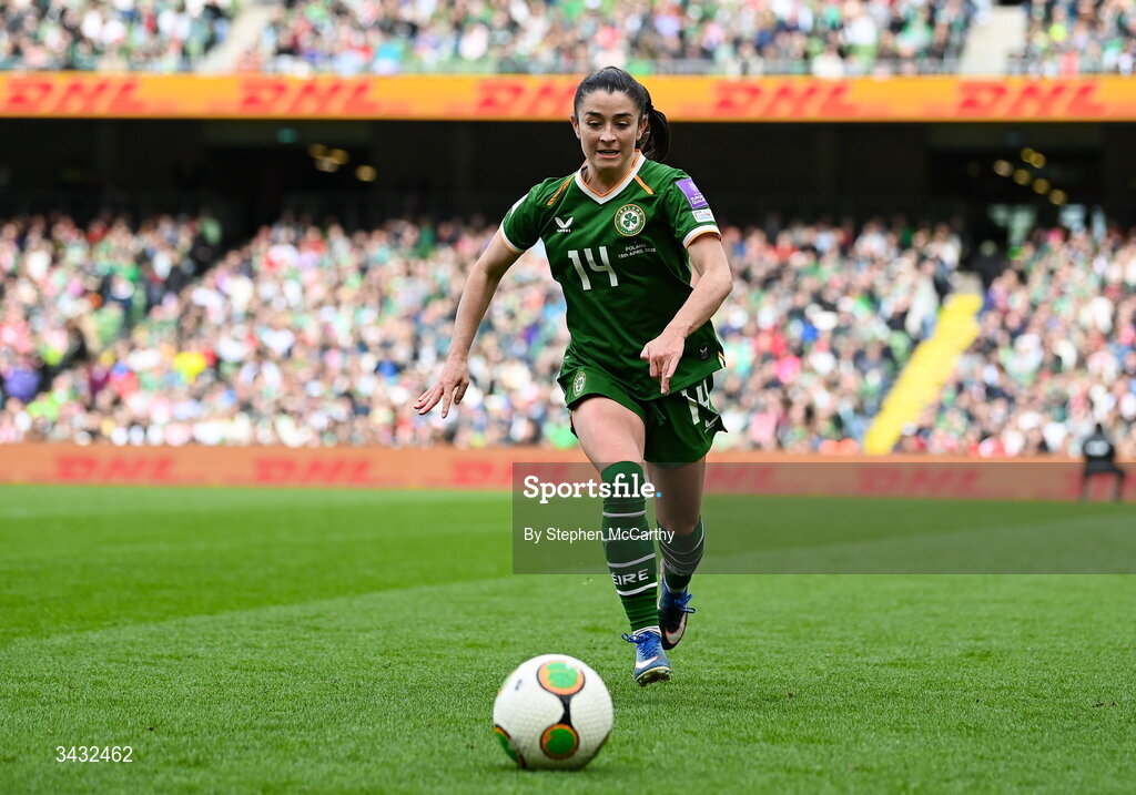 18 April 2026; Marissa Sheva of Republic of Ireland during the 2027 FIFA Women’s World Cup Qualifier match between Republic of Ireland and Poland at the Aviva Stadium in Dublin. Photo by Stephen McCarthy/Sportsfile