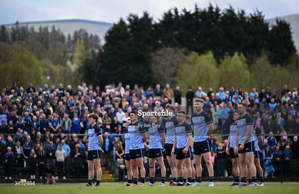 19 April 2026; Dublin players before the Leinster GAA Football Senior Championship quarter-final match between Wicklow and Dublin at Echelon Park in Aughrim in Wicklow. Photo by Seb Daly/Sportsfile