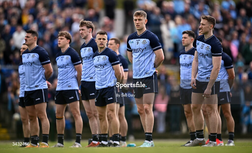 19 April 2026; Tom Lahiff of Dublin, centre, and teammates before the Leinster GAA Football Senior Championship quarter-final match between Wicklow and Dublin at Echelon Park in Aughrim in Wicklow. Photo by Seb Daly/Sportsfile
