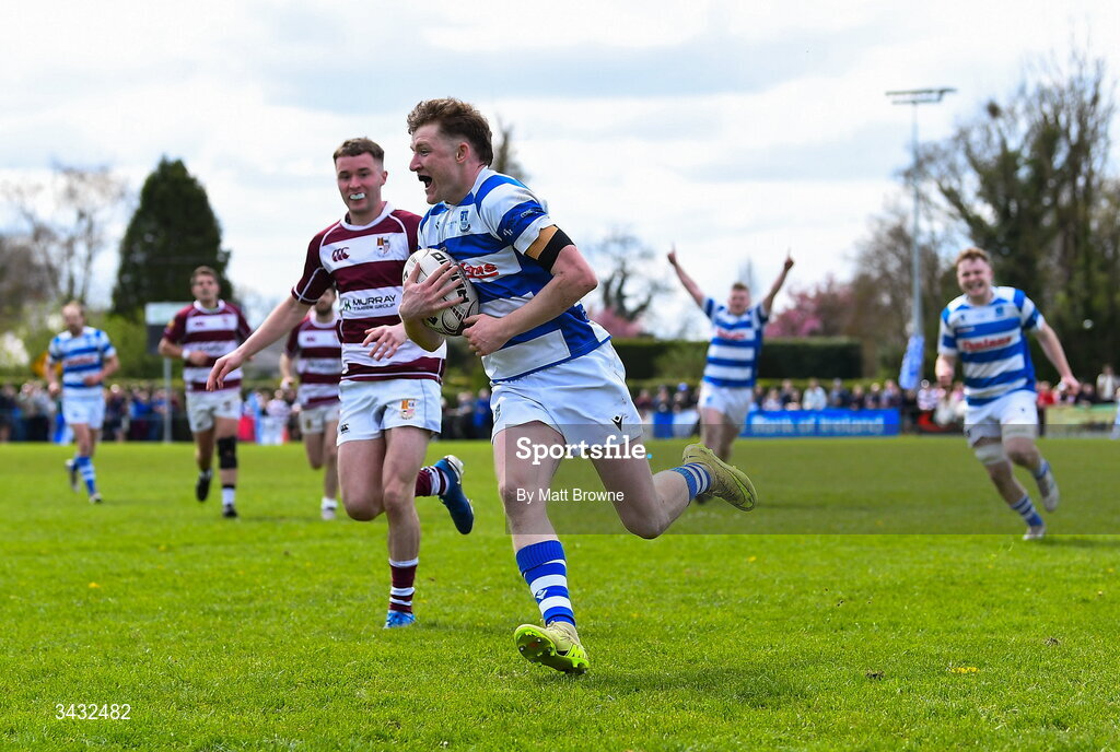 19 April 2026; Ciaran Fennessy of Athy RFC crosses the line to score the first try against Tullow RFC during the Bank of Ireland Provincial Towns Cup Final match between Athy RFC and Tullow RFC at Edenderry RFC in Edenderry, Offaly. Photo by Matt Browne/Sportsfile