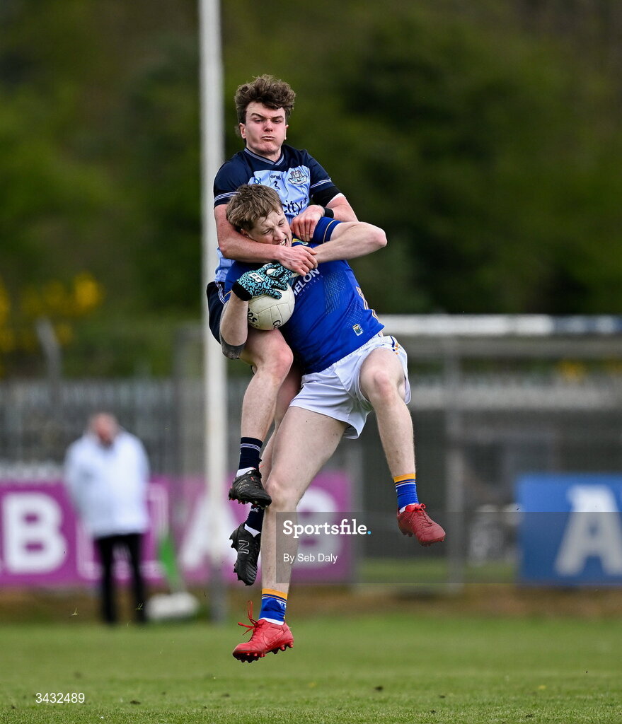 19 April 2026; Oisin McGraynor of Wicklow in action against Nathan Doran of Dublin during the Leinster GAA Football Senior Championship quarter-final match between Wicklow and Dublin at Echelon Park in Aughrim in Wicklow. Photo by Seb Daly/Sportsfile