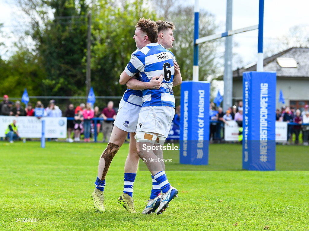 19 April 2026; Ciaran Fennessy of Athy RFC is congratulated by team-mate John Sheedy,6, after scoring the opening try of the match against Tullow RFC during the Bank of Ireland Provincial Towns Cup Final match between Athy RFC and Tullow RFC at Edenderry RFC in Edenderry, Offaly. Photo by Matt Browne/Sportsfile