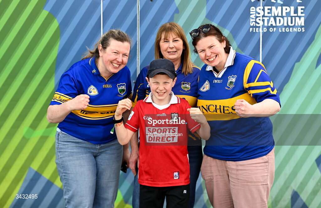 19 April 2026; Cork supporter, Evan Burgess, aged 8, from Conna, Co Cork, with my mother Niamh, left, granny Collette Ryan, from Loughmore, Co Tipperary, and aunt Tara Ryan, ahead of the Munster GAA Senior Hurling Championship Round 1 match between Tipperary and Cork at FBD Semple Stadium in Thurles, Tipperary. Photo by Daire Brennan/Sportsfile