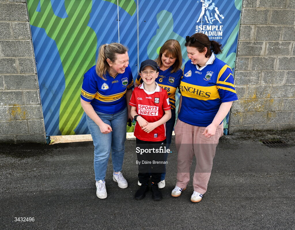 19 April 2026; Cork supporter, Evan Burgess, aged 8, from Conna, Co Cork, with my mother Niamh, left, granny Collette Ryan, from Loughmore, Co Tipperary, and aunt Tara Ryan, ahead of the Munster GAA Senior Hurling Championship Round 1 match between Tipperary and Cork at FBD Semple Stadium in Thurles, Tipperary. Photo by Daire Brennan/Sportsfile