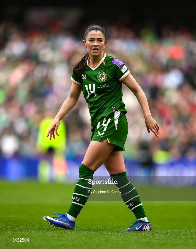 18 April 2026; Marissa Sheva of Republic of Ireland during the 2027 FIFA Women’s World Cup Qualifier match between Republic of Ireland and Poland at the Aviva Stadium in Dublin. Photo by Stephen McCarthy/Sportsfile