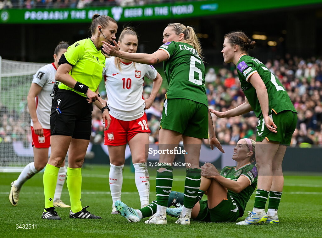 18 April 2026; Denise O’Sullivan of Republic of Ireland awaits medical attention during the 2027 FIFA Women’s World Cup Qualifier match between Republic of Ireland and Poland at the Aviva Stadium in Dublin. Photo by Stephen McCarthy/Sportsfile