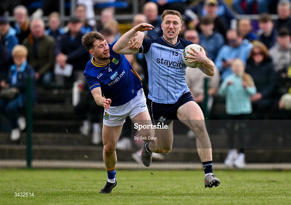 19 April 2026; Paddy Small of Dublin in action against Gavin Fogarty of Wicklow during the Leinster GAA Football Senior Championship quarter-final match between Wicklow and Dublin at Echelon Park in Aughrim in Wicklow. Photo by Seb Daly/Sportsfile