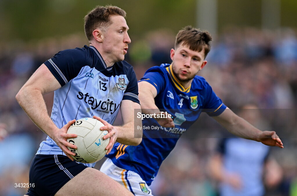 19 April 2026; Paddy Small of Dublin in action against Gavin Fogarty of Wicklow during the Leinster GAA Football Senior Championship quarter-final match between Wicklow and Dublin at Echelon Park in Aughrim in Wicklow. Photo by Seb Daly/Sportsfile
