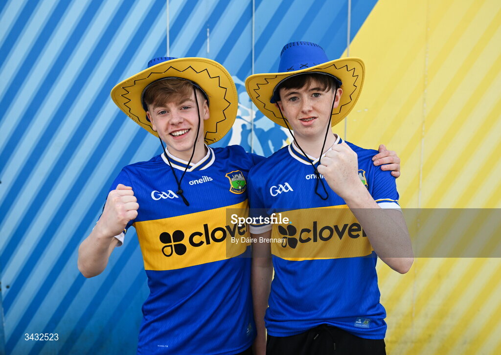 19 April 2026; Tipperary supporters, Oran Kelly, left, and Cody Sheehy, from Ballinahinch, Co Tipperary, ahead of the Munster GAA Senior Hurling Championship Round 1 match between Tipperary and Cork at FBD Semple Stadium in Thurles, Tipperary. Photo by Daire Brennan/Sportsfile