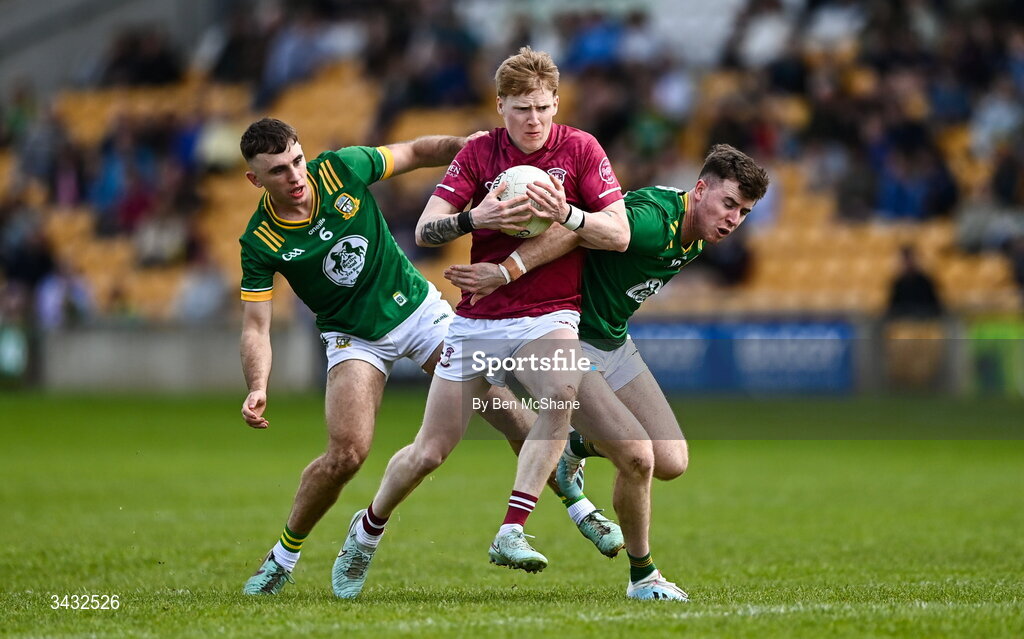 19 April 2026; Brandon Kelly of Westmeath in action against Seán Coffey, left, and Jack O'Connor of Meath during the Leinster GAA Football Senior Championship quarter-final match between Meath and Westmeath at Glenisk O'Connor Park in Tullamore, Offaly. Photo by Ben McShane/Sportsfile