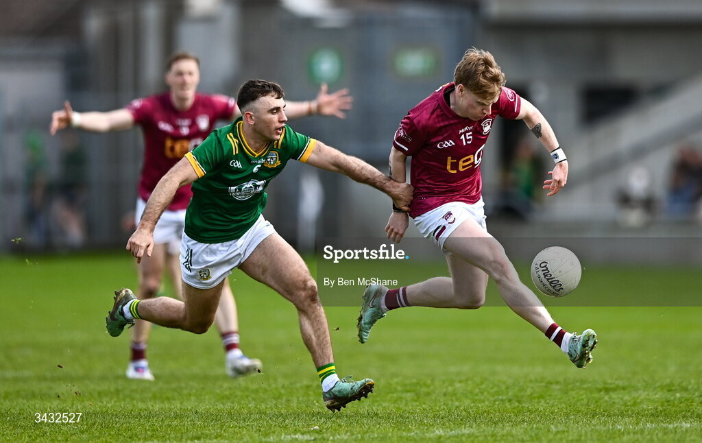 19 April 2026; Brandon Kelly of Westmeath in action against Seán Coffey of Meath during the Leinster GAA Football Senior Championship quarter-final match between Meath and Westmeath at Glenisk O'Connor Park in Tullamore, Offaly. Photo by Ben McShane/Sportsfile