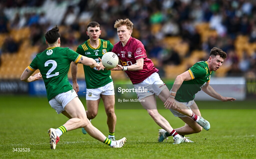 19 April 2026; Brandon Kelly of Westmeath in action against Meath players, from left, Seamus Lavin, Seán Coffey and Jack O'Connor during the Leinster GAA Football Senior Championship quarter-final match between Meath and Westmeath at Glenisk O'Connor Park in Tullamore, Offaly. Photo by Ben McShane/Sportsfile