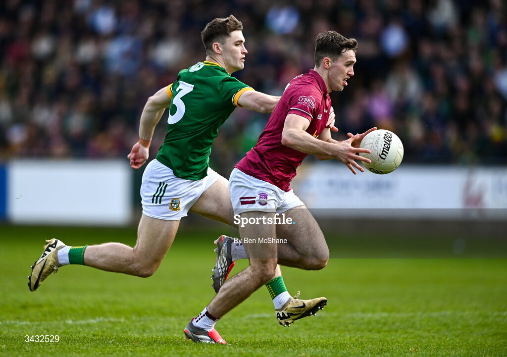 19 April 2026; Matthew Whittaker of Westmeath in action against Seán Rafferty of Meath during the Leinster GAA Football Senior Championship quarter-final match between Meath and Westmeath at Glenisk O'Connor Park in Tullamore, Offaly. Photo by Ben McShane/Sportsfile