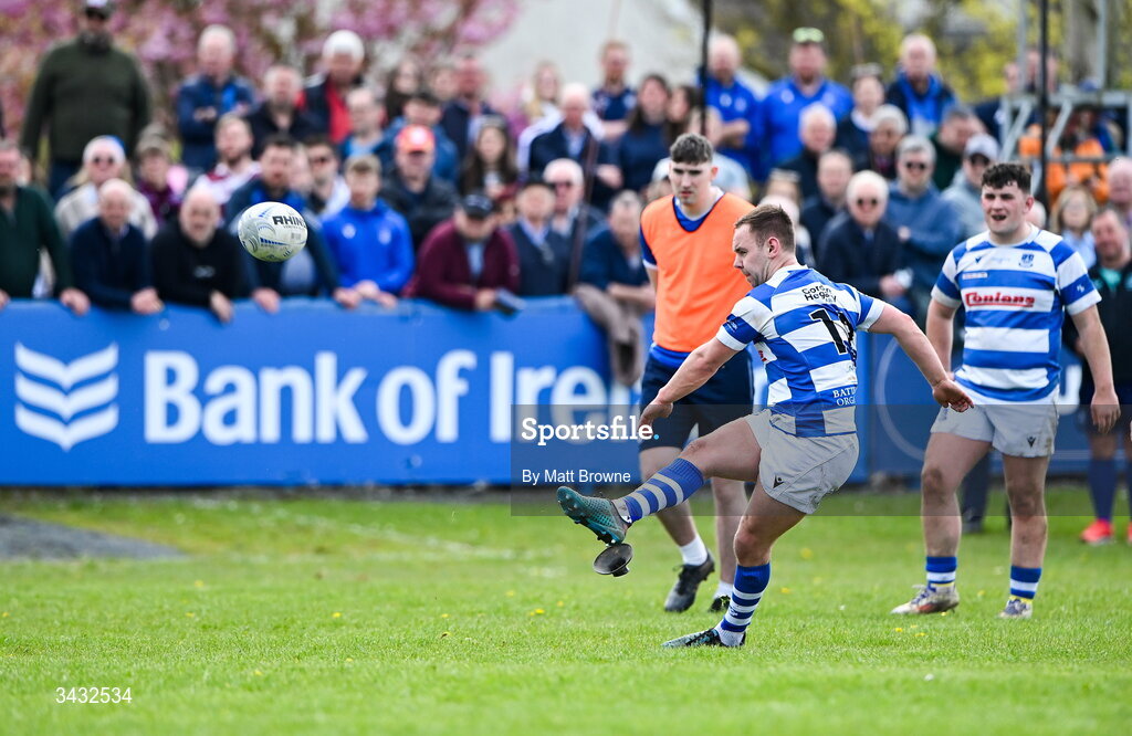 19 April 2026; Josh Miller of Athy RFC kicks a penalty against Tullow RFC during the Bank of Ireland Provincial Towns Cup Final match between Athy RFC and Tullow RFC at Edenderry RFC in Edenderry, Offaly. Photo by Matt Browne/Sportsfile