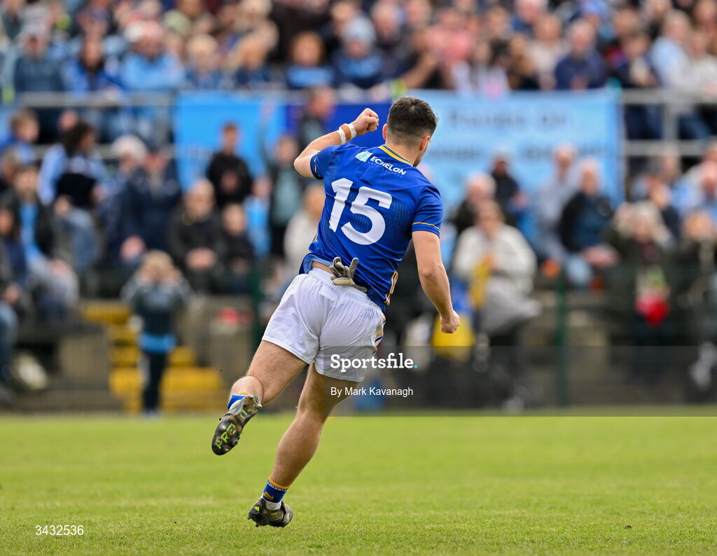 19 April 2026; Eoin Darcy of Wicklow celebrates scoring his side's first goal during the Leinster GAA Football Senior Championship quarter-final match between Wicklow and Dublin at Echelon Park in Aughrim in Wicklow. Photo by Mark Kavanagh/Sportsfile