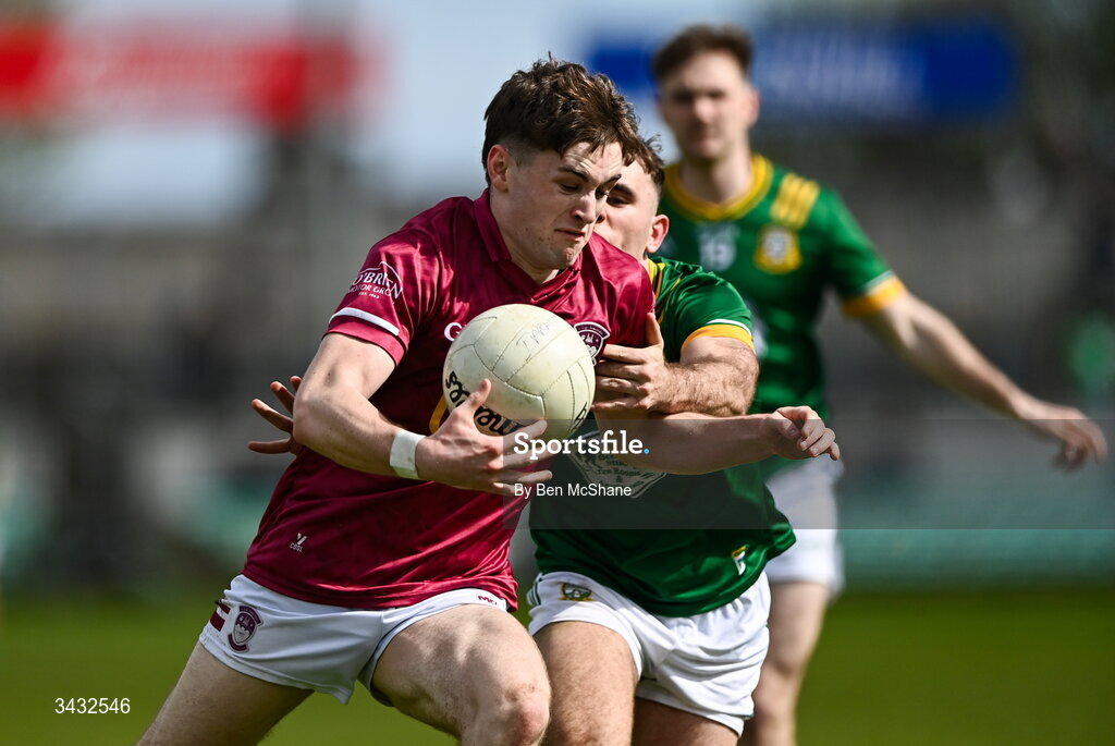 19 April 2026; Shane Corcoran of Westmeath is tackled by Seán Coffey of Meath during the Leinster GAA Football Senior Championship quarter-final match between Meath and Westmeath at Glenisk O'Connor Park in Tullamore, Offaly. Photo by Ben McShane/Sportsfile