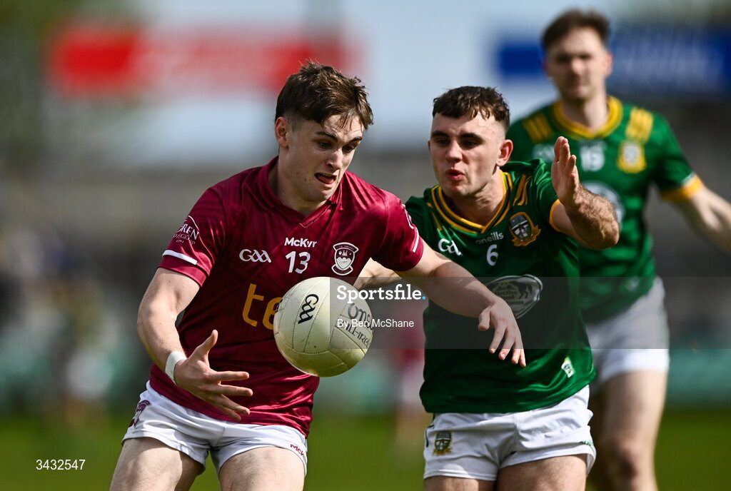 19 April 2026; Shane Corcoran of Westmeath is tackled by Seán Coffey of Meath during the Leinster GAA Football Senior Championship quarter-final match between Meath and Westmeath at Glenisk O'Connor Park in Tullamore, Offaly. Photo by Ben McShane/Sportsfile