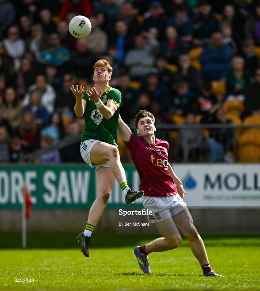 19 April 2026; Killian Smyth of Meath in action against Shane Corcoran of Westmeath during the Leinster GAA Football Senior Championship quarter-final match between Meath and Westmeath at Glenisk O'Connor Park in Tullamore, Offaly. Photo by Ben McShane/Sportsfile