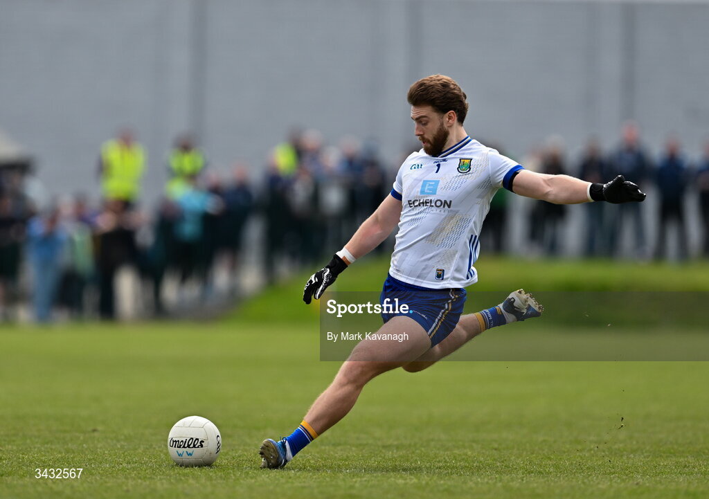 19 April 2026; Wicklow goalkeeper Mark Jackson has a shot from a free kick during the Leinster GAA Football Senior Championship quarter-final match between Wicklow and Dublin at Echelon Park in Aughrim in Wicklow. Photo by Mark Kavanagh/Sportsfile