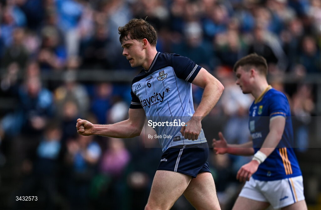 19 April 2026; Charlie McMorrow of Dublin celebrates after scoring his side's first goal during the Leinster GAA Football Senior Championship quarter-final match between Wicklow and Dublin at Echelon Park in Aughrim in Wicklow. Photo by Seb Daly/Sportsfile
