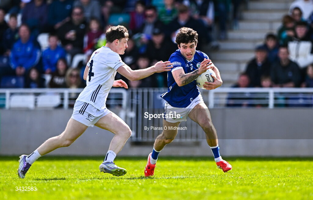19 April 2026; Daragh Galvin of Laois in action against Ryan Burke of Kildare during the Leinster GAA Football Senior Championship quarter-final match between Kildare and Laois at Cedral St Conleths Park in Newbridge, Kildare. Photo by Piaras Ó Mídheach/Sportsfile