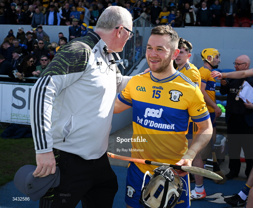 19 April 2026; David Reidy of Clare and Clare manager Brian Lohan after the Munster GAA Senior Hurling Championship Round 1 match between Clare and Waterford at Zimmer Biomet Páirc Chíosóg in Ennis, Clare. Photo by Ray McManus/Sportsfile