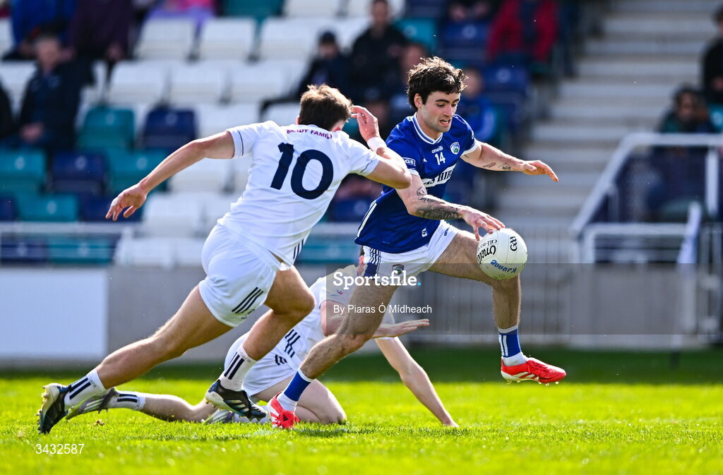 19 April 2026; Daragh Galvin of Laois in action agains Brian McLoughlin of Kildare, 10, during the Leinster GAA Football Senior Championship quarter-final match between Kildare and Laois at Cedral St Conleths Park in Newbridge, Kildare. Photo by Piaras Ó Mídheach/Sportsfile
