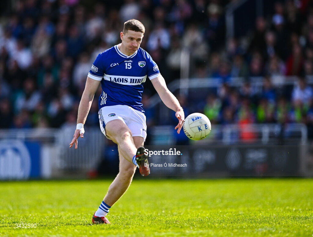 19 April 2026; Evan O'Carroll of Laois scores a point during the Leinster GAA Football Senior Championship quarter-final match between Kildare and Laois at Cedral St Conleths Park in Newbridge, Kildare. Photo by Piaras Ó Mídheach/Sportsfile