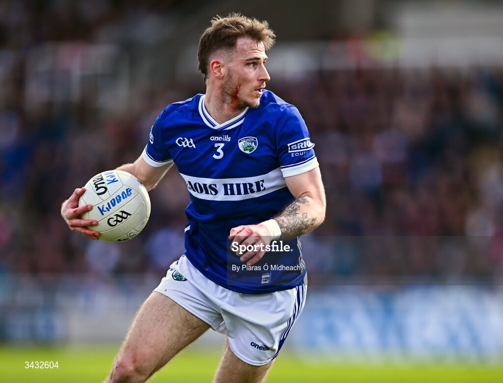 19 April 2026; Trevor Collins of Laois, with blood on his face, during the Leinster GAA Football Senior Championship quarter-final match between Kildare and Laois at Cedral St Conleths Park in Newbridge, Kildare. Photo by Piaras Ó Mídheach/Sportsfile