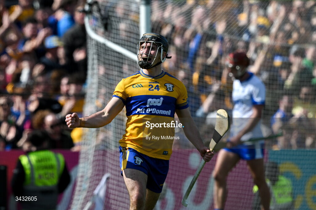 19 April 2026; Ian Galvin of Clare celebrates a late goal during the Munster GAA Senior Hurling Championship Round 1 match between Clare and Waterford at Zimmer Biomet Páirc Chíosóg in Ennis, Clare. Photo by Ray McManus/Sportsfile