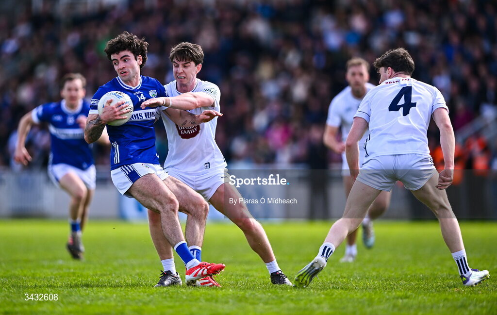 19 April 2026; Daragh Galvin of Laois in action against Darragh Ryan of Kildare during the Leinster GAA Football Senior Championship quarter-final match between Kildare and Laois at Cedral St Conleths Park in Newbridge, Kildare. Photo by Piaras Ó Mídheach/Sportsfile