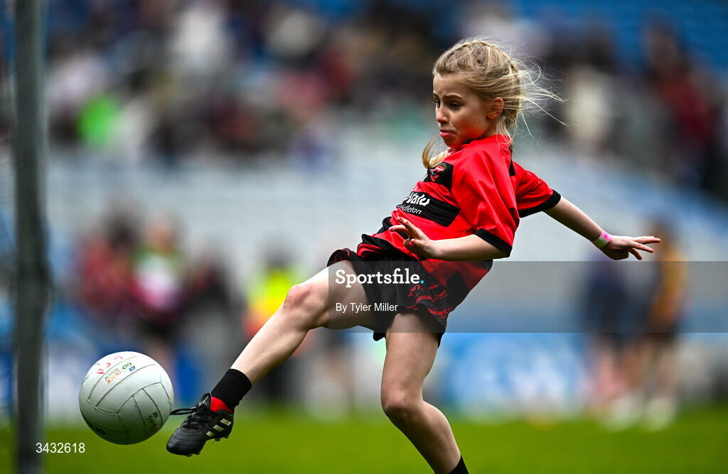 19 April 2026; Beau Olmasmey of Cloyne, Cork, during the 2026 LGFA Under 10 Go Games Festival Day at Croke Park in Dublin. Photo by Tyler Miller/Sportsfile