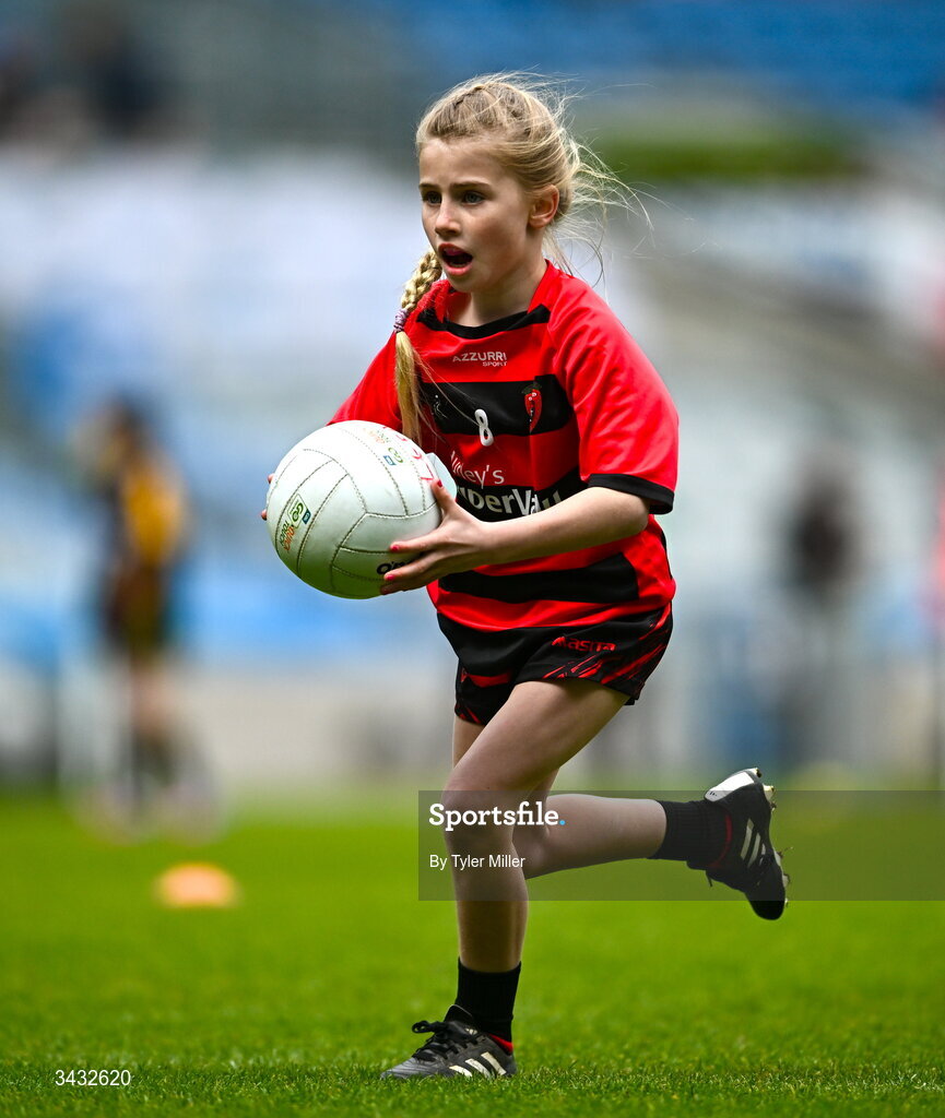 19 April 2026; Beau Olmasmey of Cloyne, Cork, during the 2026 LGFA Under 10 Go Games Festival Day at Croke Park in Dublin. Photo by Tyler Miller/Sportsfile