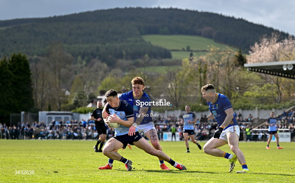 19 April 2026; Cormac Costello of Dublin in action against Jonathan Carlin of Wicklow during the Leinster GAA Football Senior Championship quarter-final match between Wicklow and Dublin at Echelon Park in Aughrim in Wicklow. Photo by Seb Daly/Sportsfile