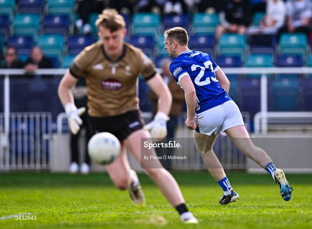 19 April 2026; Paul Kingston of Laois after scoring his side's first goal during the Leinster GAA Football Senior Championship quarter-final match between Kildare and Laois at Cedral St Conleths Park in Newbridge, Kildare. Photo by Piaras Ó Mídheach/Sportsfile